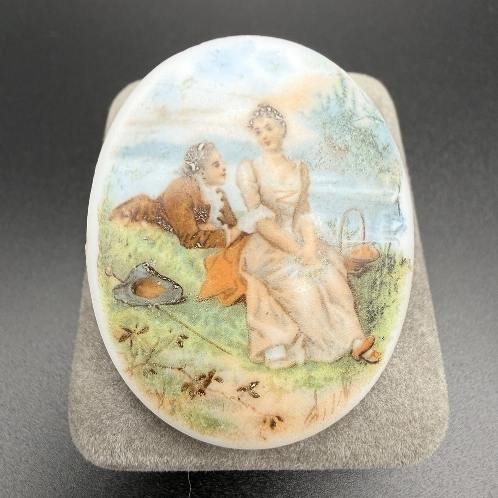 Vintage Victorian Style Scenic Porcelain Brooch Romantic Courting Couple Oval 2"